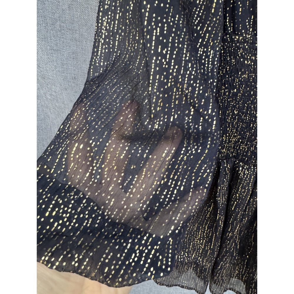 Aqua Metallic Puff Sleeve Mini Dress Small Navy Blue Gold Dot NYE Smocked - Picture 8 of 8